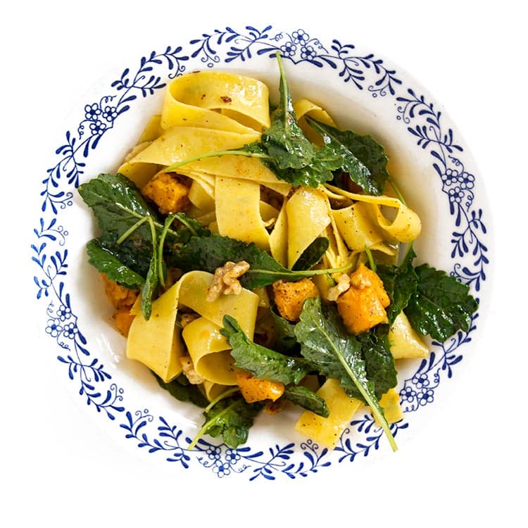 Pappardelle with Butternut Squash, Walnuts, and Baby Kale
