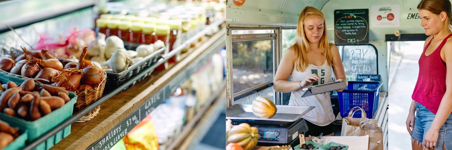 Garlics, onions girl buying groceries