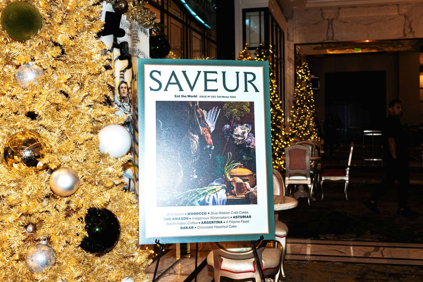 SAVEUR's latest fall/winter cover fit seamlessly into the Post Oak's holiday decor.