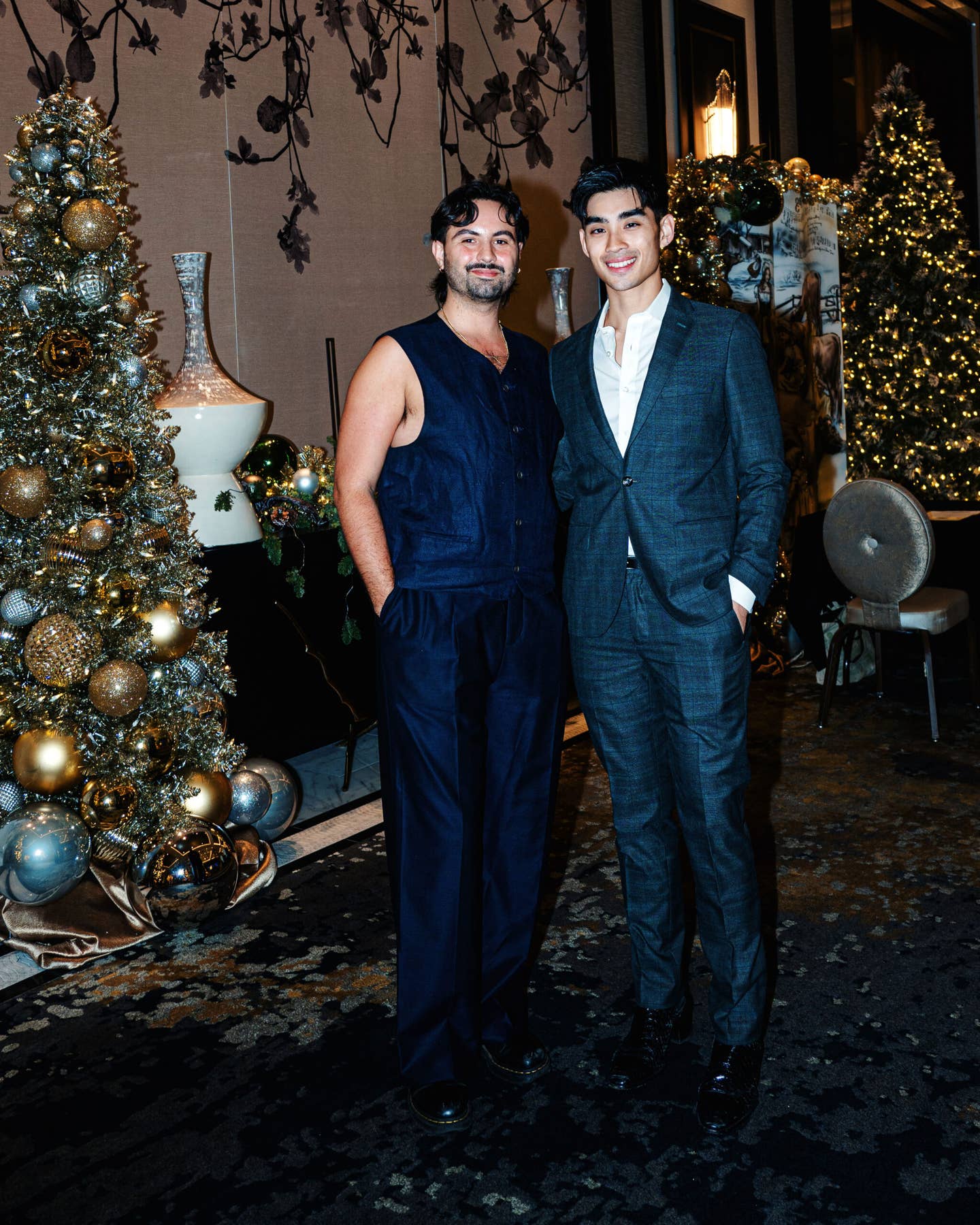 SAVEUR’s PR and events team, Tavo Dam and Dan Q. Dao of District One Studios, in the lobby of the Post Oak Hotel, decorated for the winter holiday season.