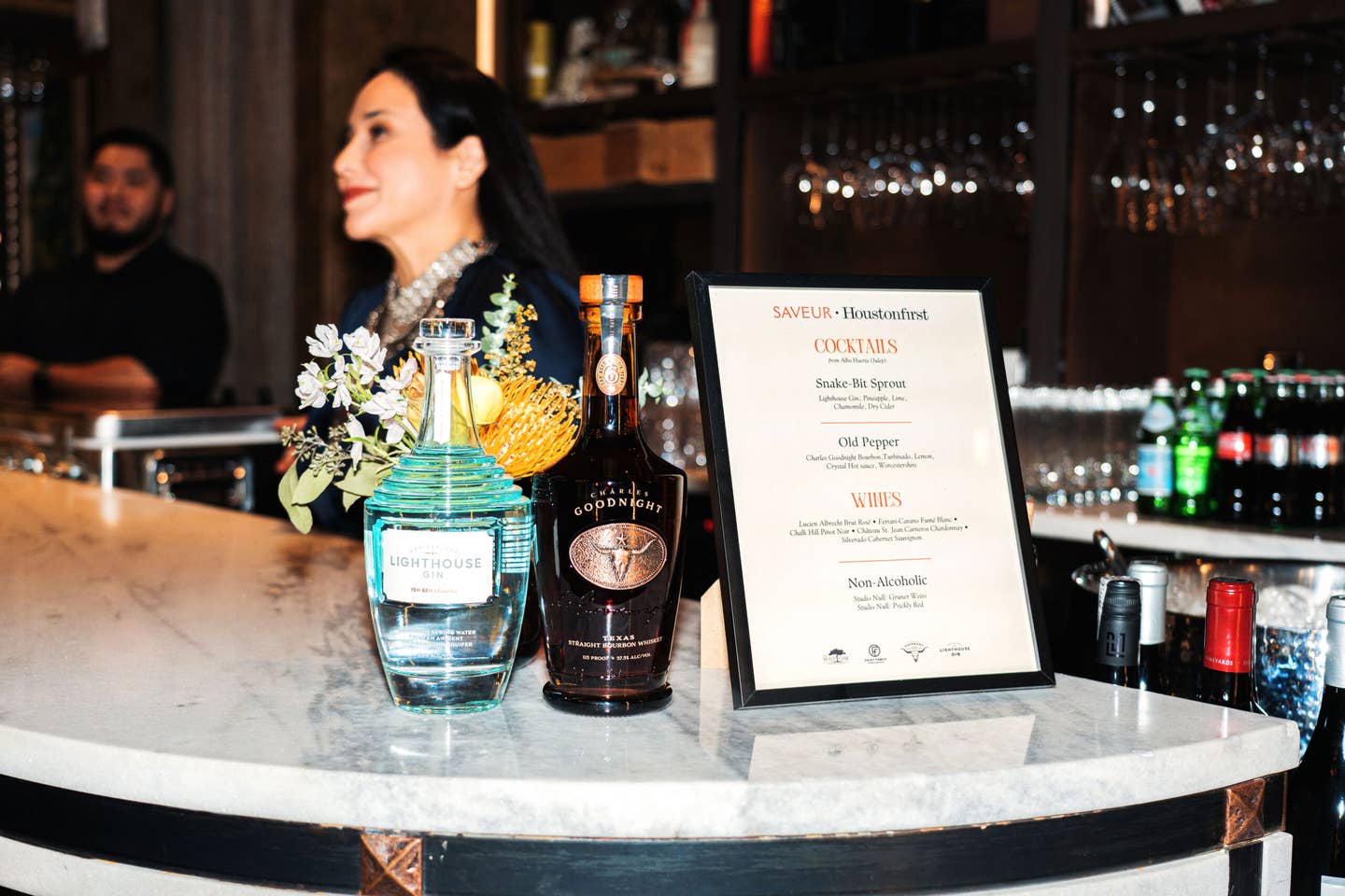 Lighthouse Gin and Charles Goodnight Bourbon cocktails on the bar at Stella's Wine Bar.