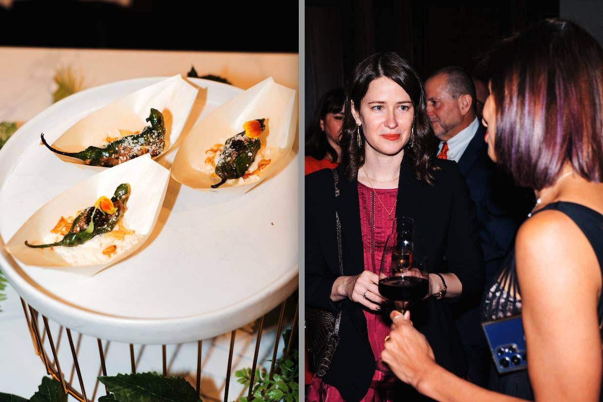 Left: Wagyu beef tartare-stuffed shishito peppers from chef Mayank Istwal. Right: Craddock raised a glass to Houston’s vibrant food scene as well as its independent bookstores.