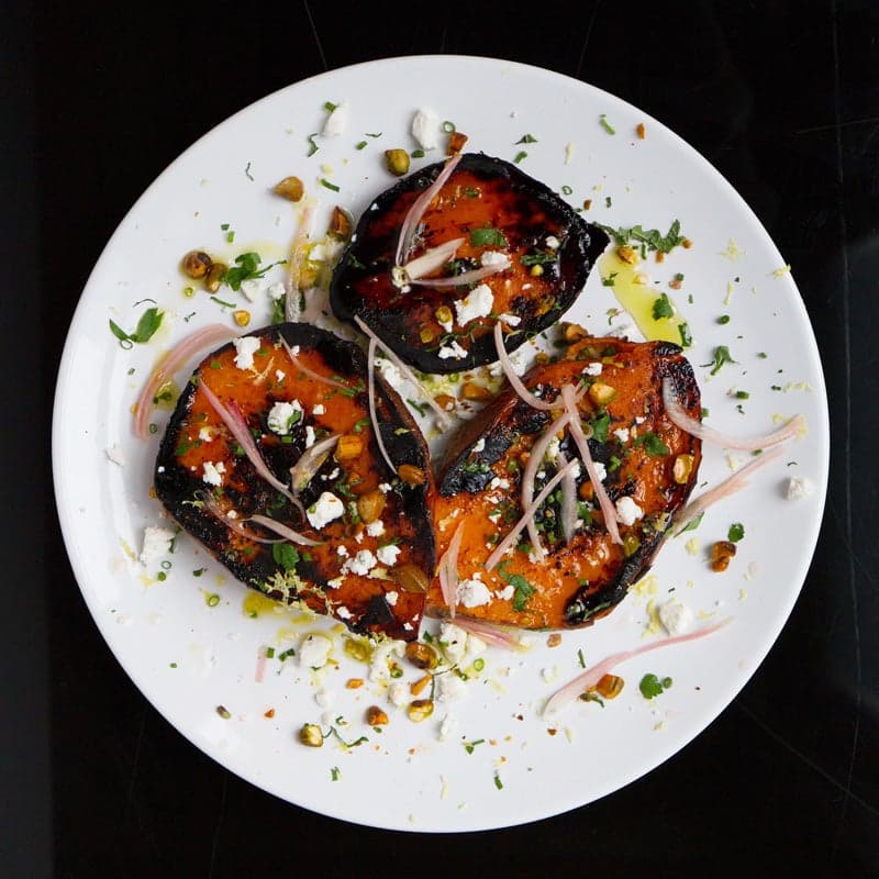 Charred Sweet Potatoes with Pickled Shallots, Pistachios, and Ricotta Salata