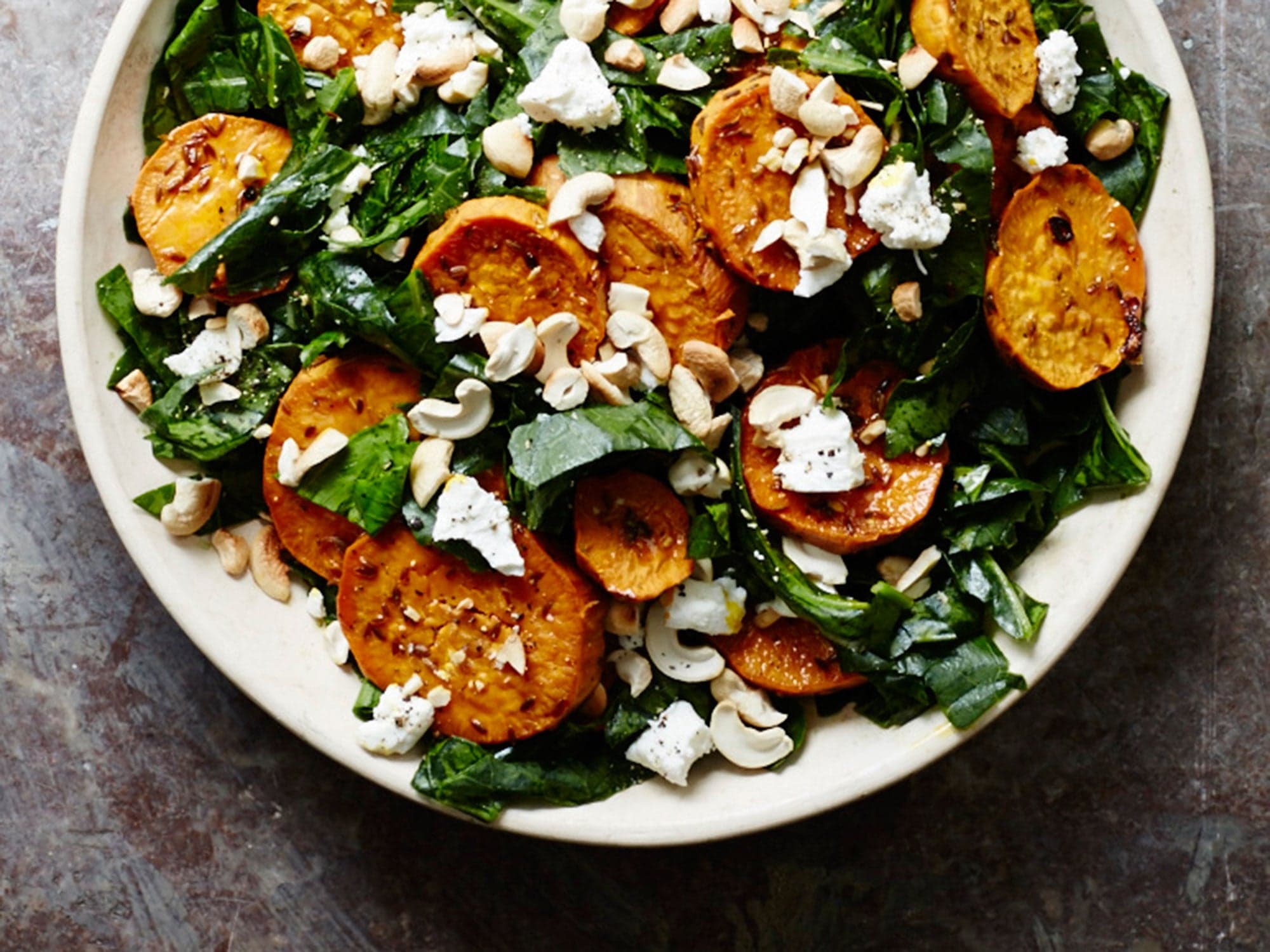 Shredded Collard Green Salad with Roasted Sweet Potatoes and Cashews for Thanksgiving Sides