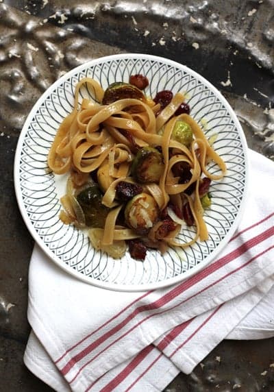 Fettuccine with Brussels Sprouts, Cranberries, and Caramelized Onion
