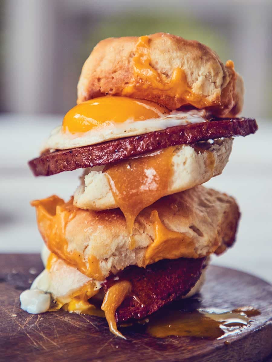 Seared Bologna, Egg, and Cheese Biscuit Sandwiches with Sweet Mustard