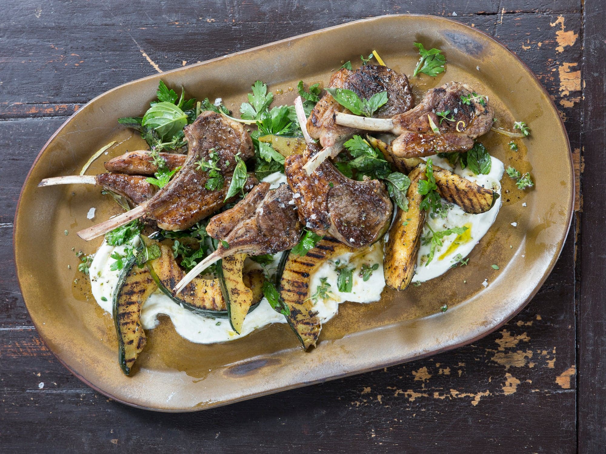 Grilled Lamb Chops and Squash with Herb Salad and Sunchokes