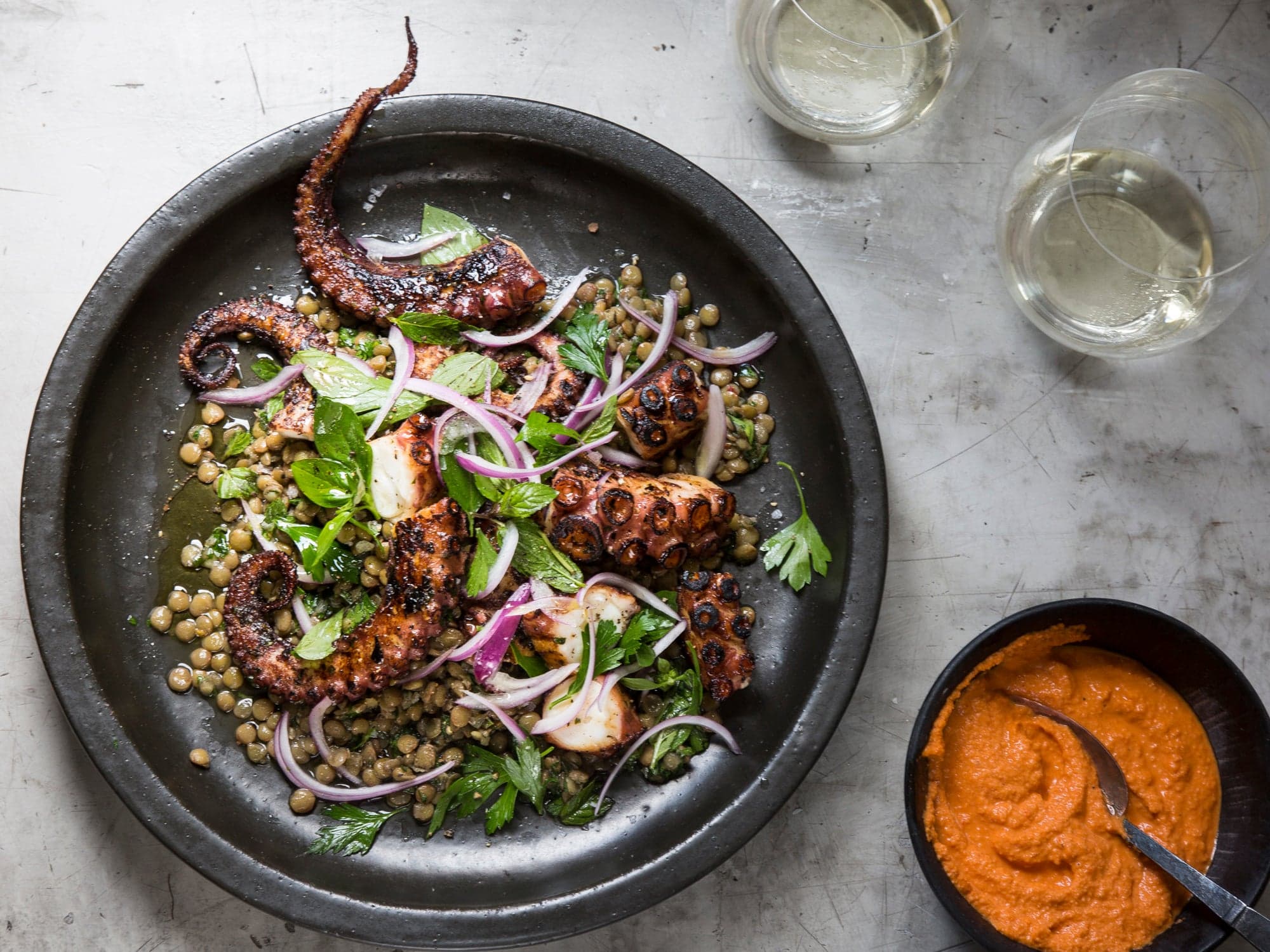 Grilled Octopus with Green Lentils and Romesco
