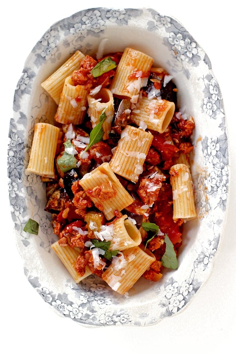 Rigatoni with Eggplant, Tomatoes, and Spicy Sausage