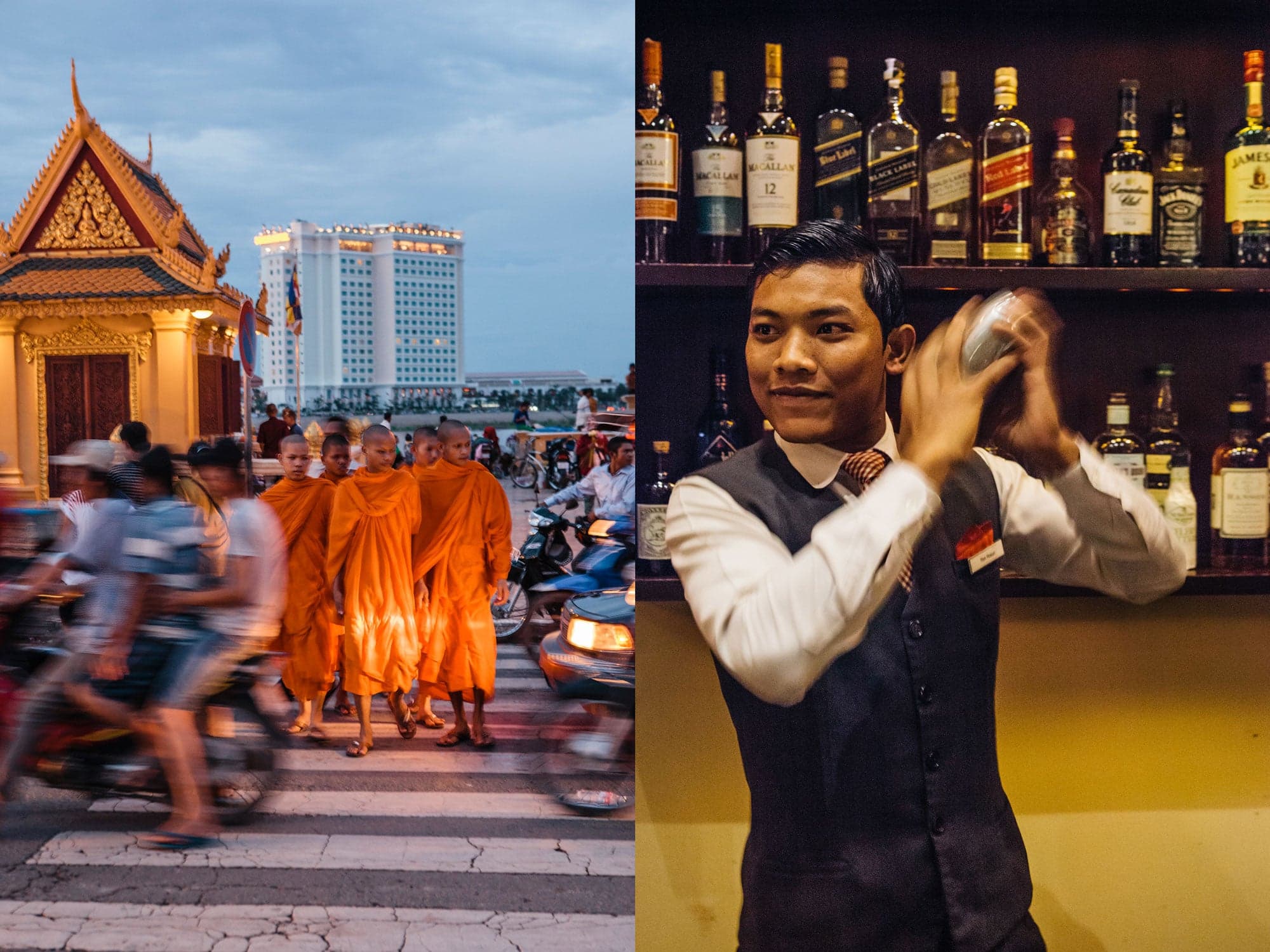 Tibetan Monks on the streets of Phnom Penh; Siem Reap bartender — Cambodia