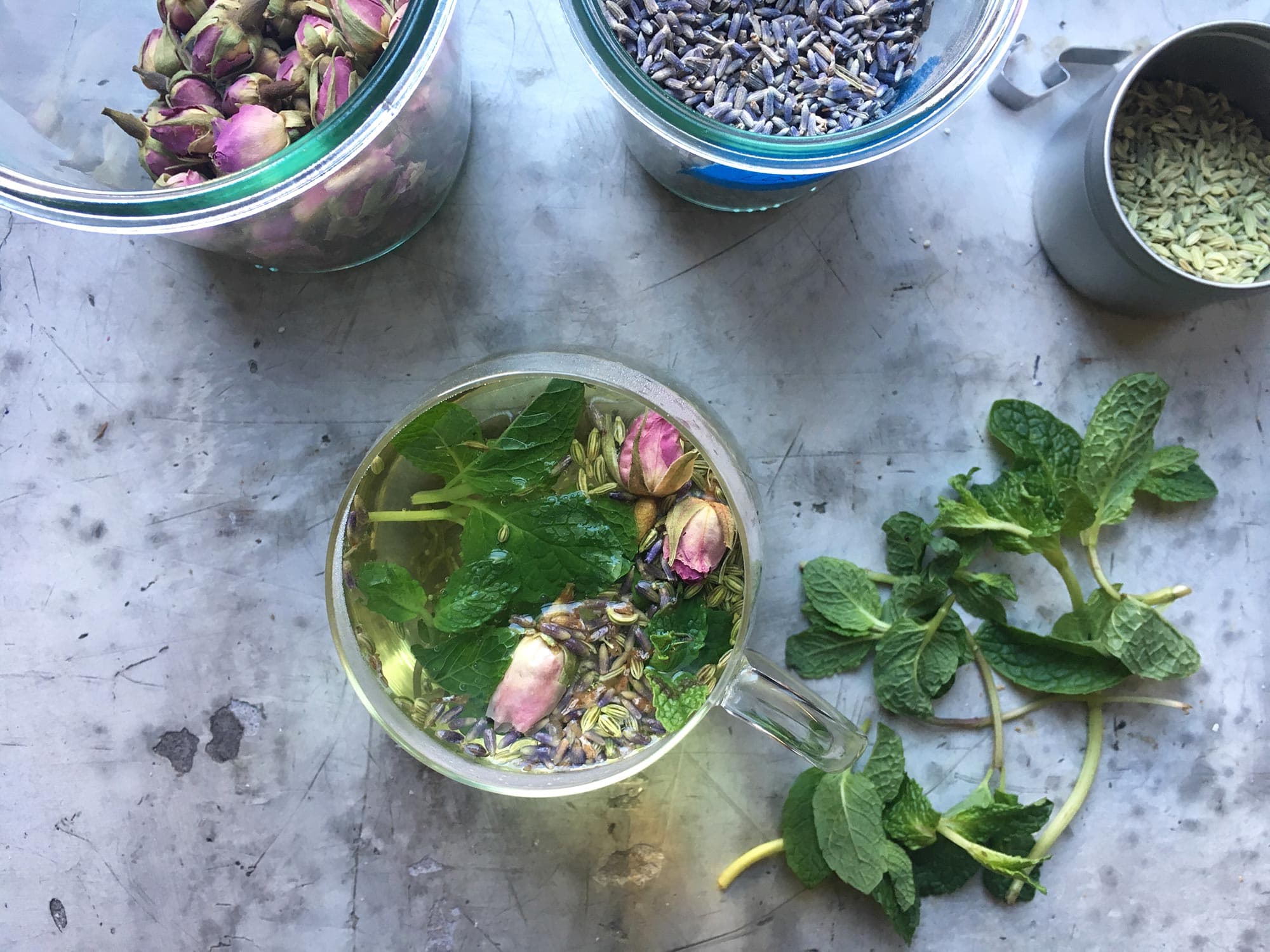 Fennel, Fresh Mint, Lavender, and Rose Herbal Tea