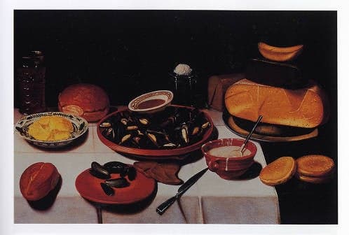 Breakfast of Mussels, Cheese, Bread, and Porridge, Floris van Schooten, c. 1615