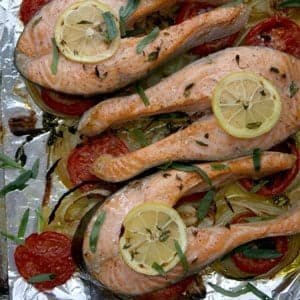 Broiled Salmon Steaks with Tomatoes, Onions, and Tarragon