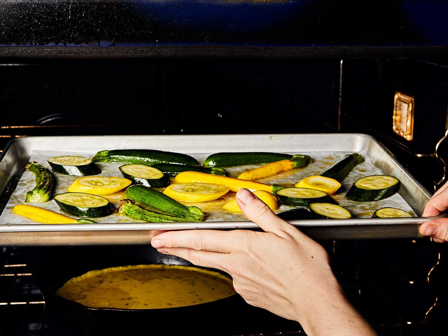 Roast the summer squash on the top rack of the oven while the farinata cooks in the center.