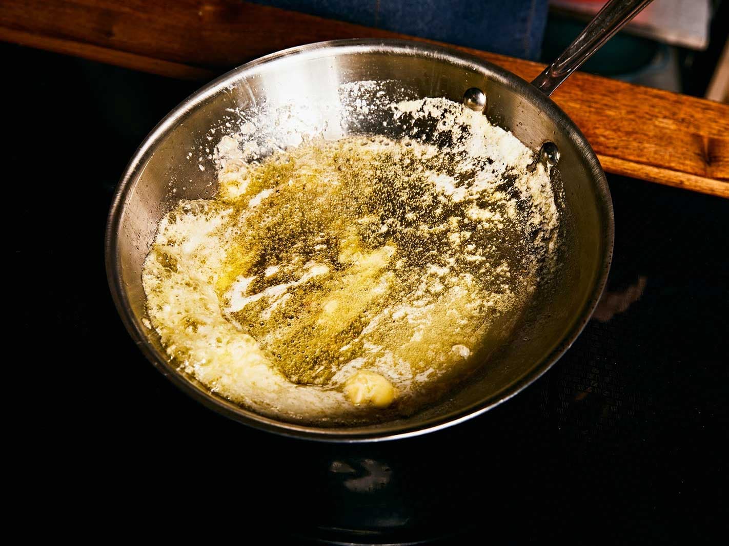 A pale-colored pan is best for browning butter. Be sure to swirl and stir frequently to avoid scorching.