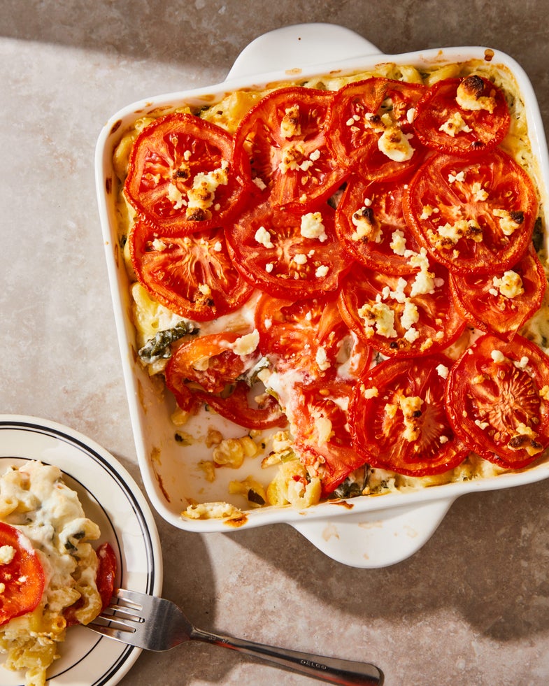 Macaroni with Goat Cheese, Spinach, and Tomatoes.