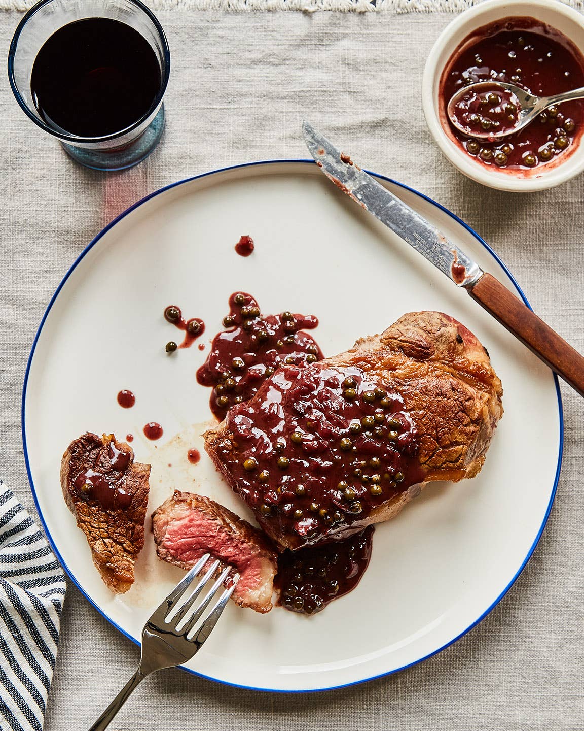 Strip Steaks with Green Peppercorn Sauce