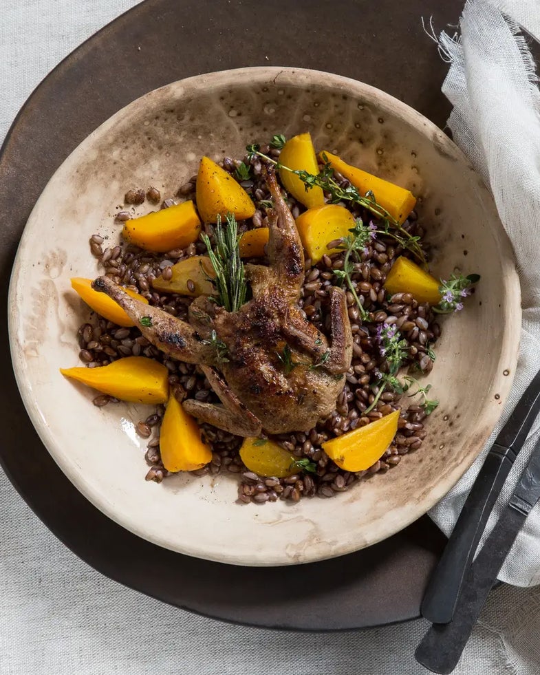 Sautéed Quail with Black Barley, Beets, and Fig Sauce
