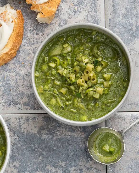 Green Minestrone with Kohlrabi, Olives, and Spinach Pesto.