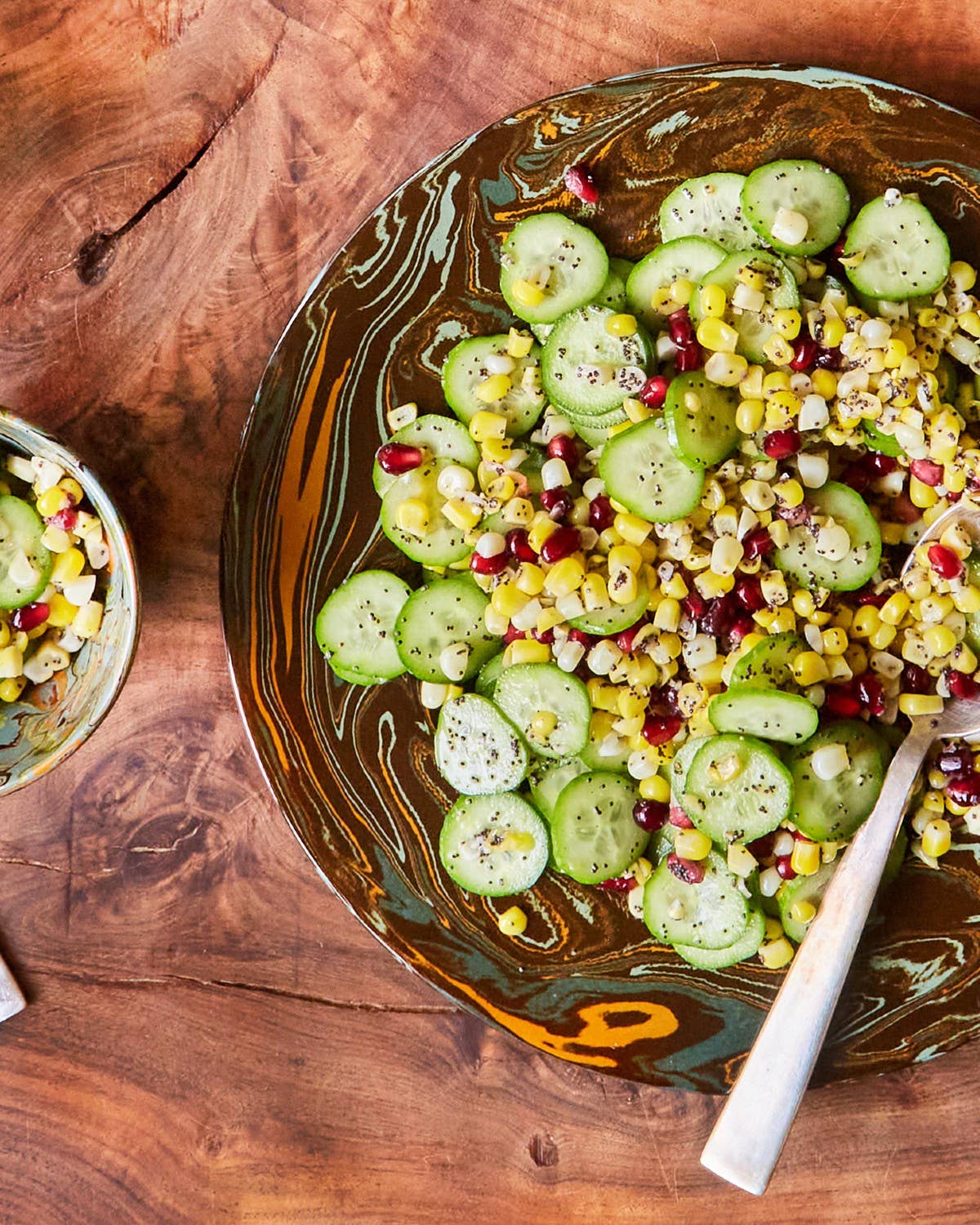 Cucumber and Corn Salad with Pomegranate and Poppy Seeds
