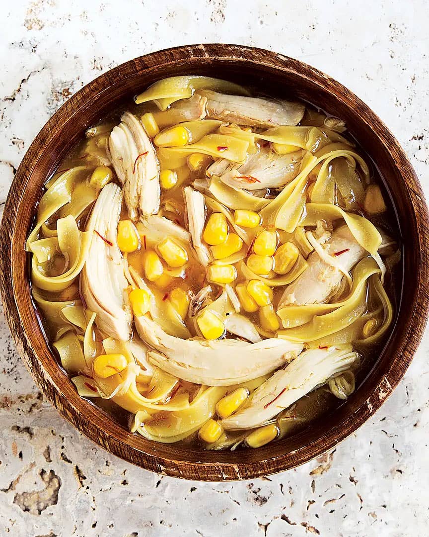 Roasted Chicken, Corn, and Saffron Soup