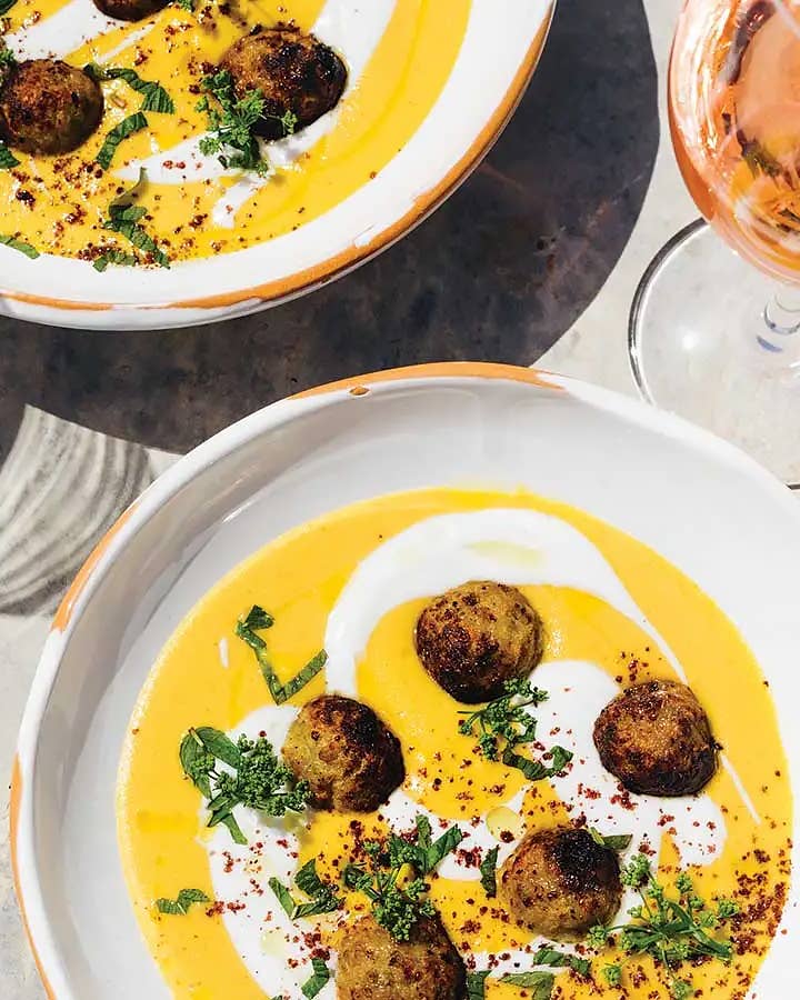 Yellow Tomato Soup with Lamb Meatballs, Yogurt, and Mint