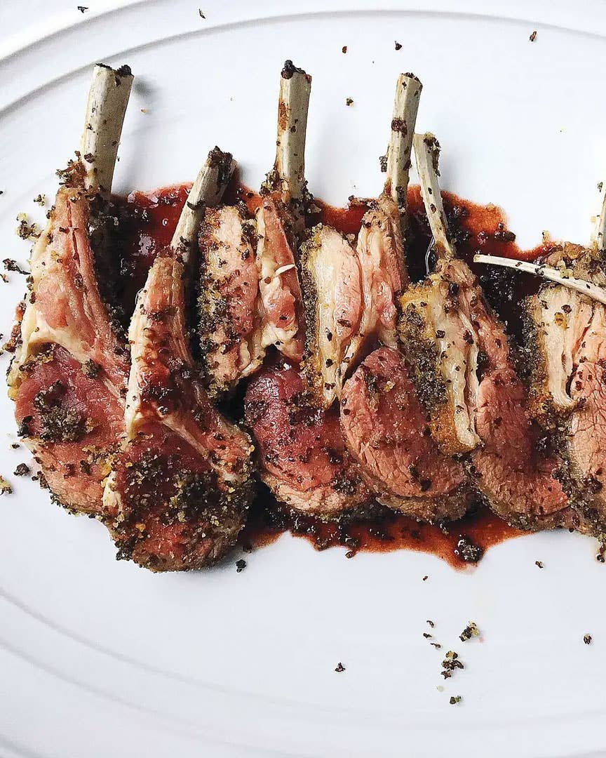 Seaweed-Crusted Rack of Lamb with Red Wine Sauce.