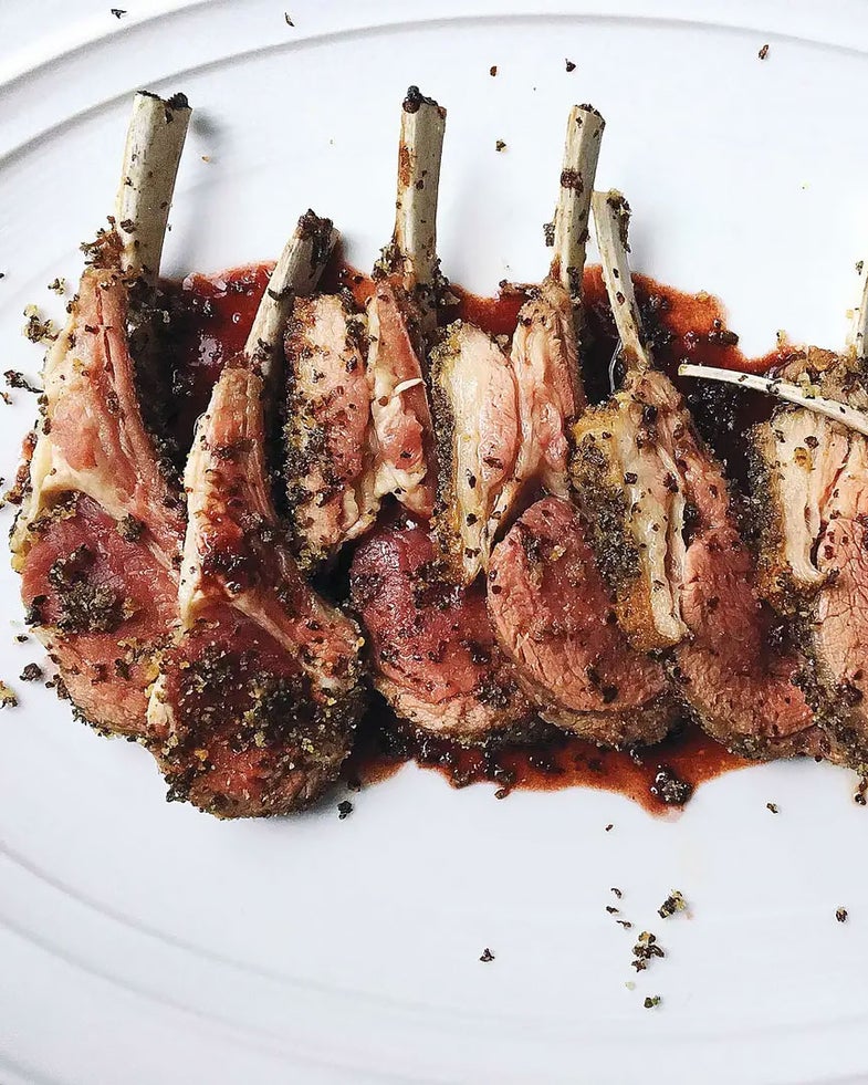 Seaweed-Crusted Rack of Lamb with Red Wine Sauce.