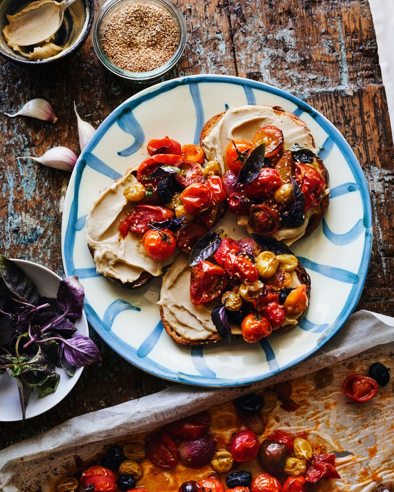 Roasted Tomato and Grape Toasts with Fava Purée