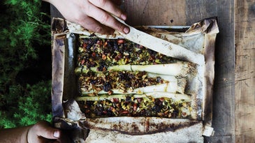 Stuffed Leeks with Blue Cheese, Raisins, and Almonds