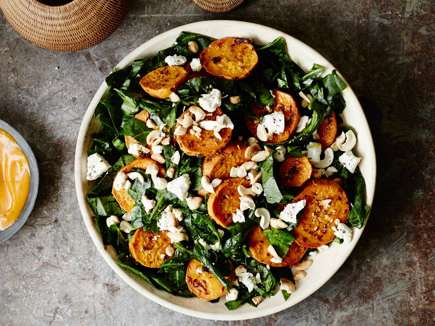 Shredded Collard Green Salad with Roasted Sweet Potatoes and Cashews