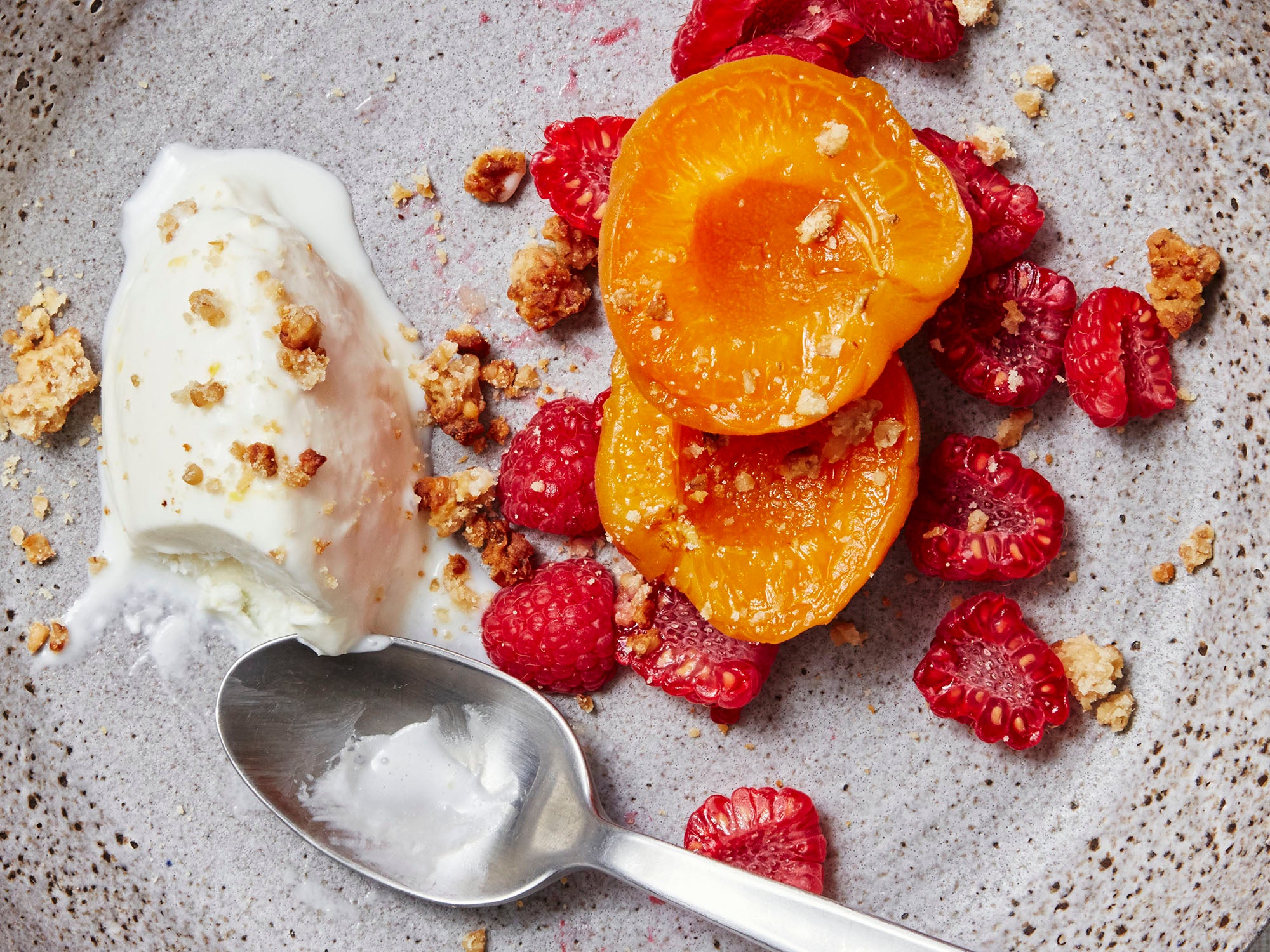 Mascarpone Ice Cream With Apricots, Raspberries, and Honey Granola