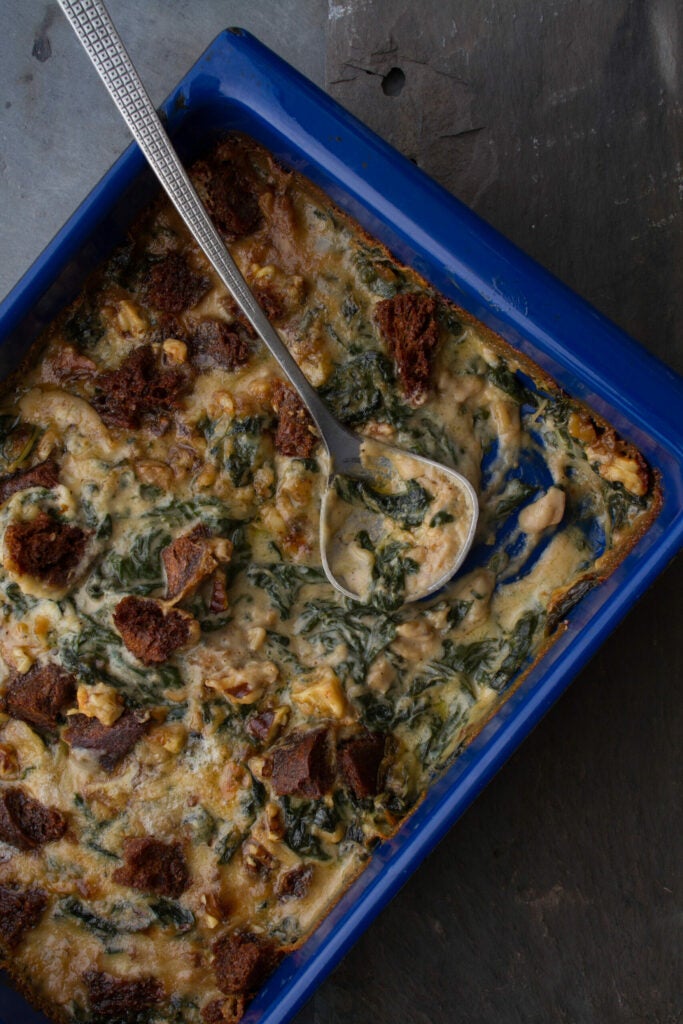 Creamed Swiss Chard with Gorgonzola, Rye Bread Crumbs, and Walnuts, Late Winter Feast