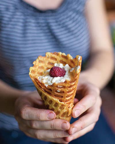 Waffle Cones Filled With Sweet Cheese and Berries (Pilditas Vafeles)