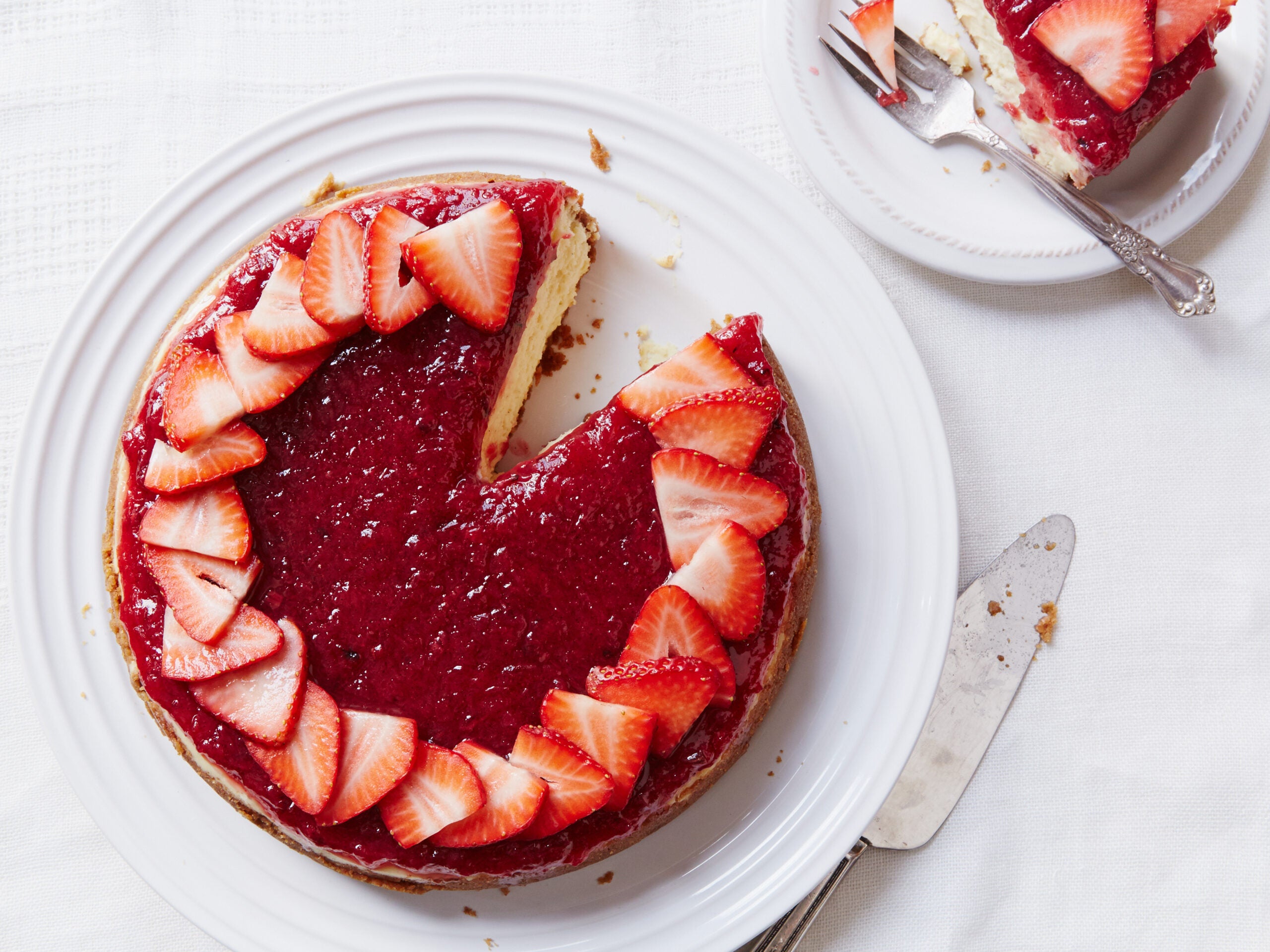 Cheesecake with Charred Rhubarb and Sliced Strawberries