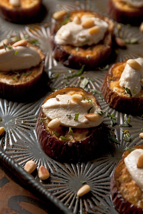 Roasted Eggplant with Goat Cheese Tahini and Pine Nuts