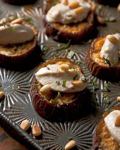 Roasted Eggplant with Goat Cheese Tahini and Pine Nuts