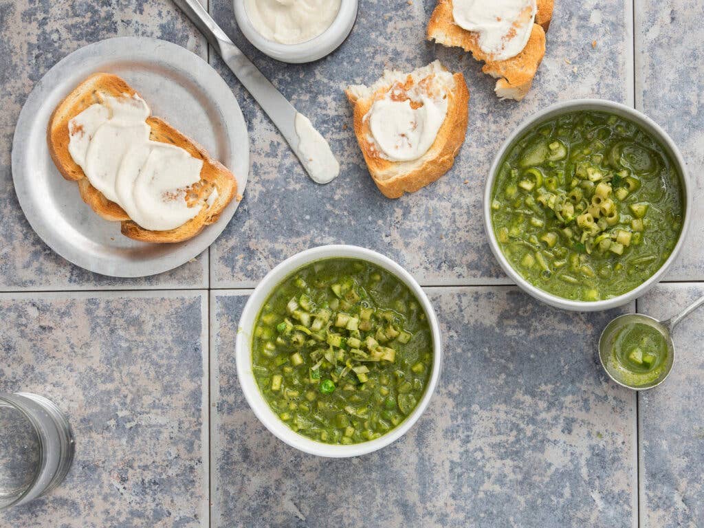 Green Minestrone with Kohlrabi, Olives, and Spinach Pesto