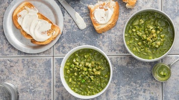Green Minestrone with Kohlrabi, Olives, and Spinach Pesto