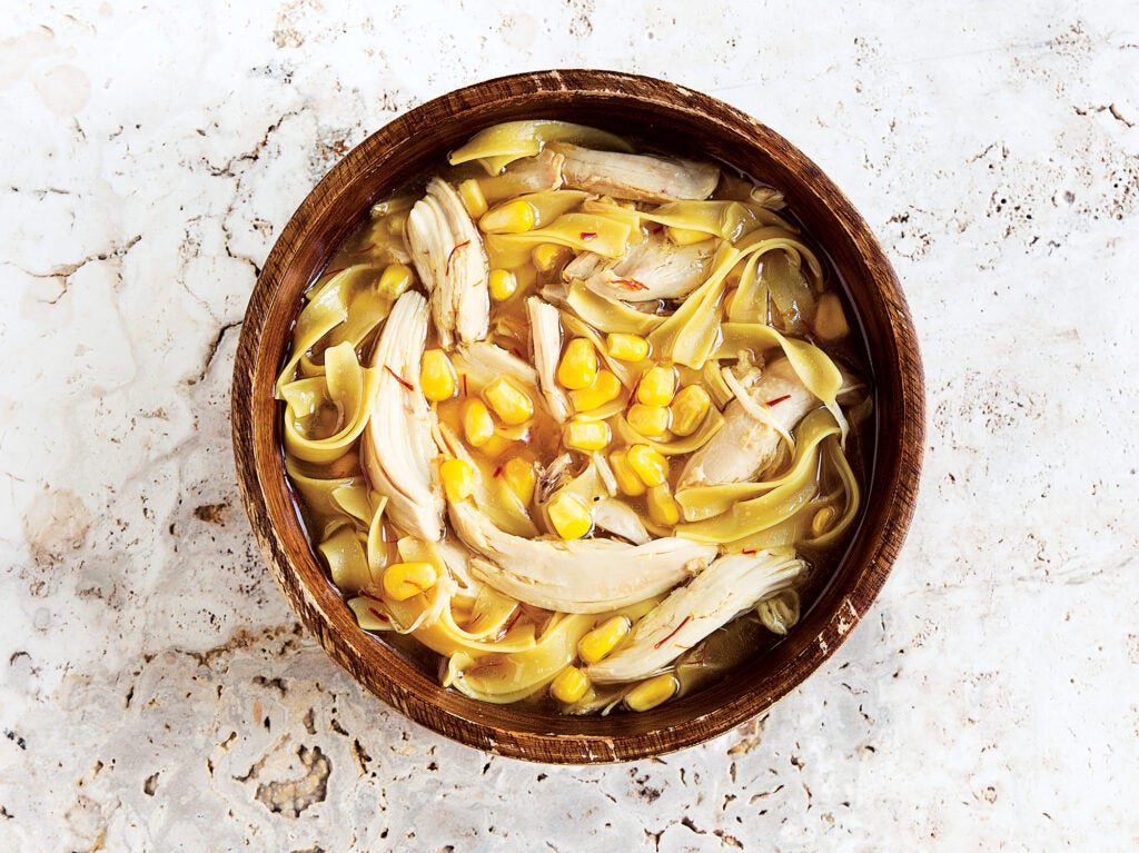 Roasted Chicken, Corn, and Saffron Soup