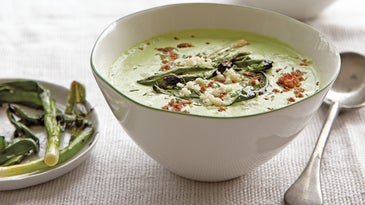 Spinach, Chive, and Yogurt Soup with Grilled Scallions