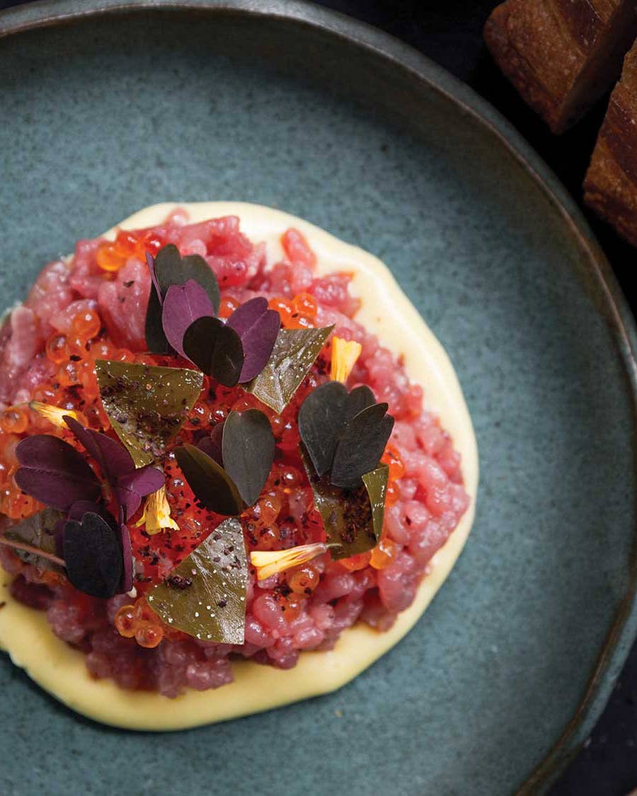 Veal Tartare with Trout Roe, Capers, and Fiore Sardo Dressing