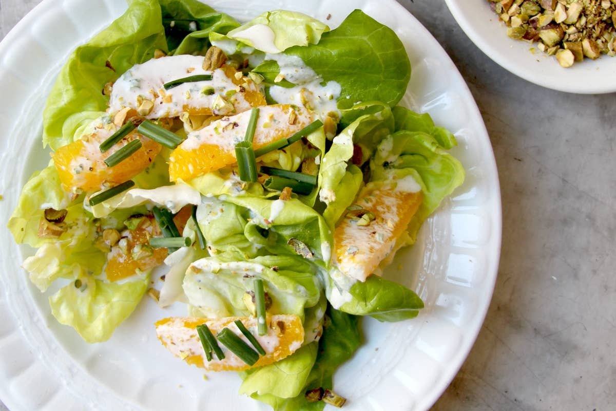 Butter Lettuce Salad with Pistachios and Orange Crème Fraîche Dressing