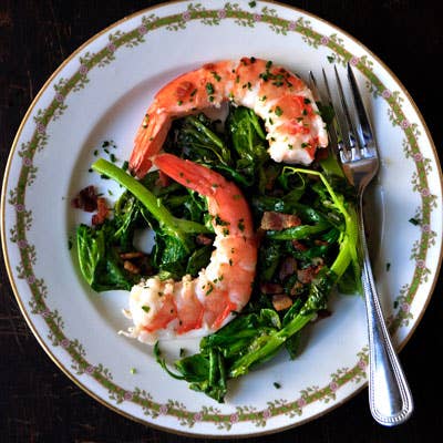 Pea Shoots with Shrimp, Bacon, and Chives