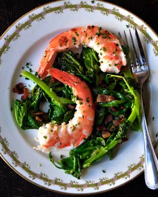 Pea Shoots with Shrimp, Bacon, and Chives
