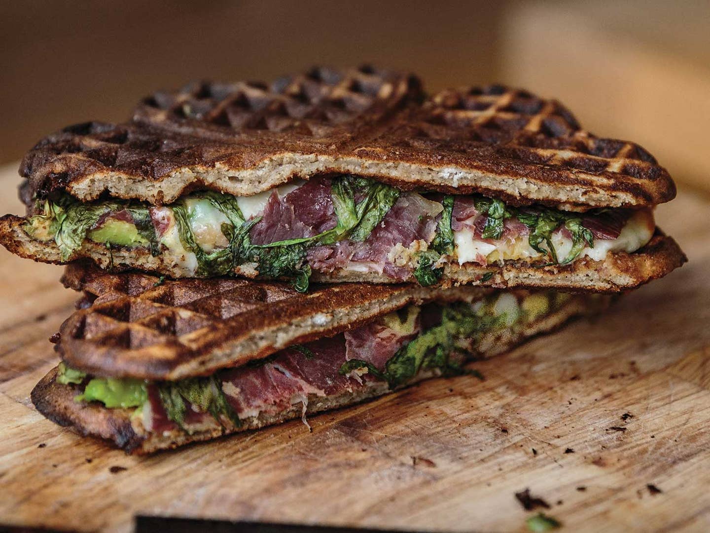 Waffle Sandwiches with Cecina, Avocado, and Arugula