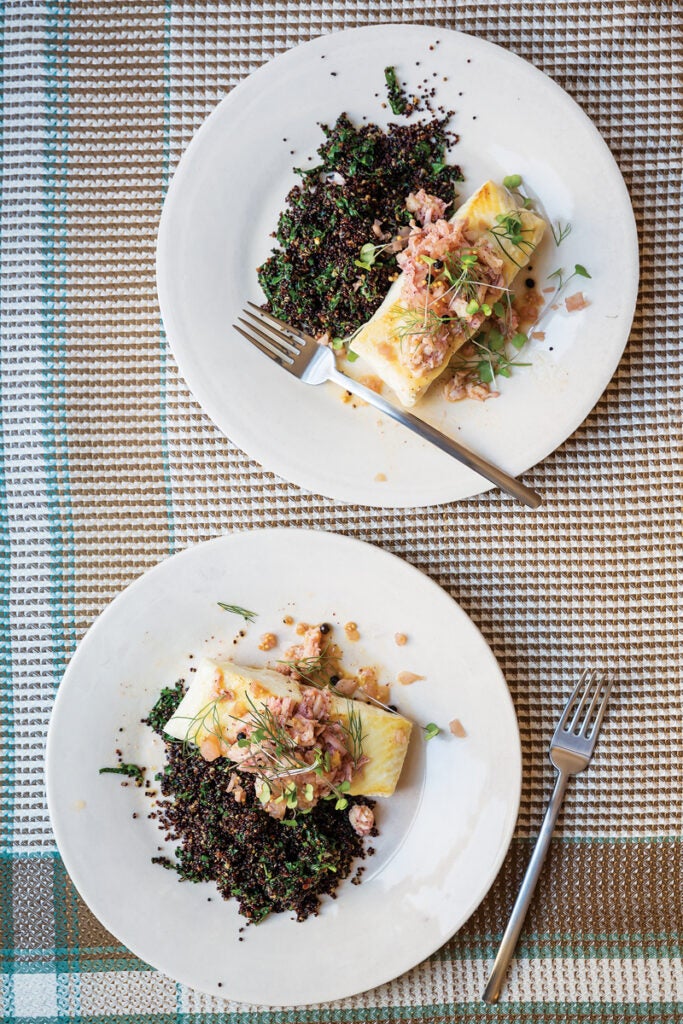 Grouper in Crab Sauce with Black Quinoa and Pickled Fennel