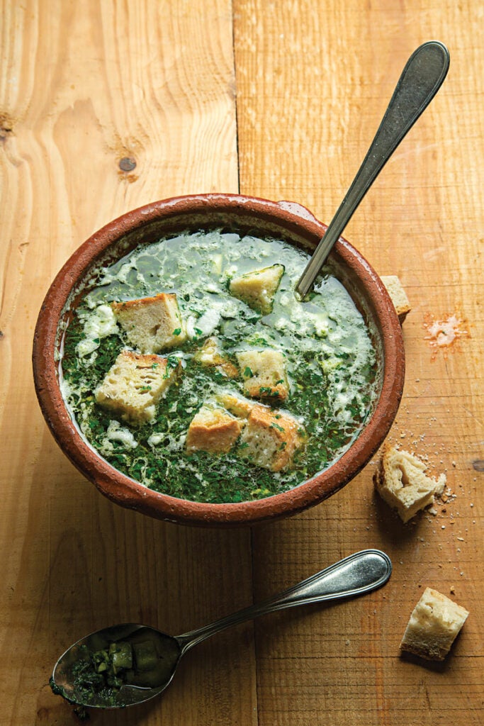 Bread and Garlic Soup with Cilantro