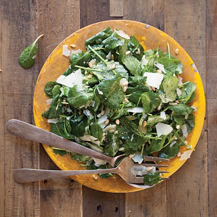 Baby Kale Salad with Pine Nuts, Parmesan, and Lemon Vinaigrette