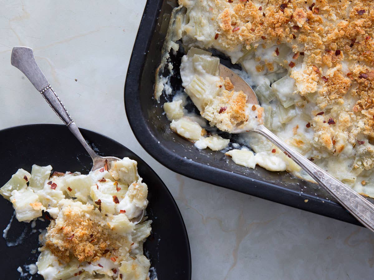 Mario Batali's Baked Cardoons with Parmesan Bread Crumbs | Saveur